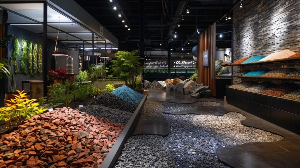 a modern, well-organized indoor showroom showcasing a diverse array of colorful landscaping rocks and gravel, illuminated by bright overhead lights, emphasizing the various textures and sizes available for landscaping projects.