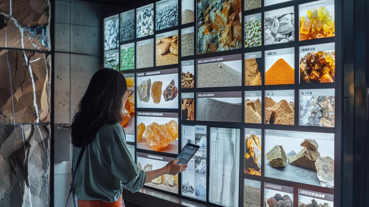 a professional landscape designer examines a vibrant array of aggregates displayed in a sleek urban office, showcasing various rock types alongside their distinct sizes and applications, while a wall-mounted screen highlights a detailed comparison chart of permeability and primary uses.