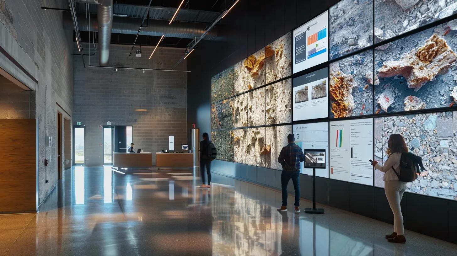 a sleek modern office space features a large digital display showcasing a user-friendly website interface with vibrant visuals of construction materials like stone and gravel, while an engaged team reviews product catalogs and online request forms for reputable suppliers.