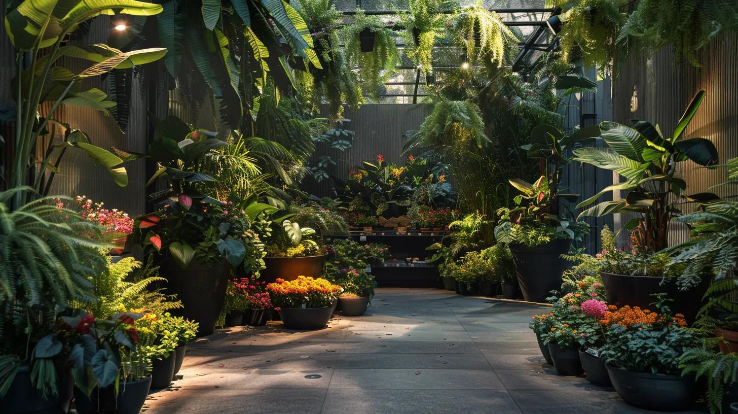 a sophisticated urban nursery display showcases a curated selection of lush evergreens in various container sizes, highlighted by strategic arrangements that enhance depth and contrast against a backdrop of vibrant flowering beds, all under controlled indoor lighting to emphasize their rich green hues.