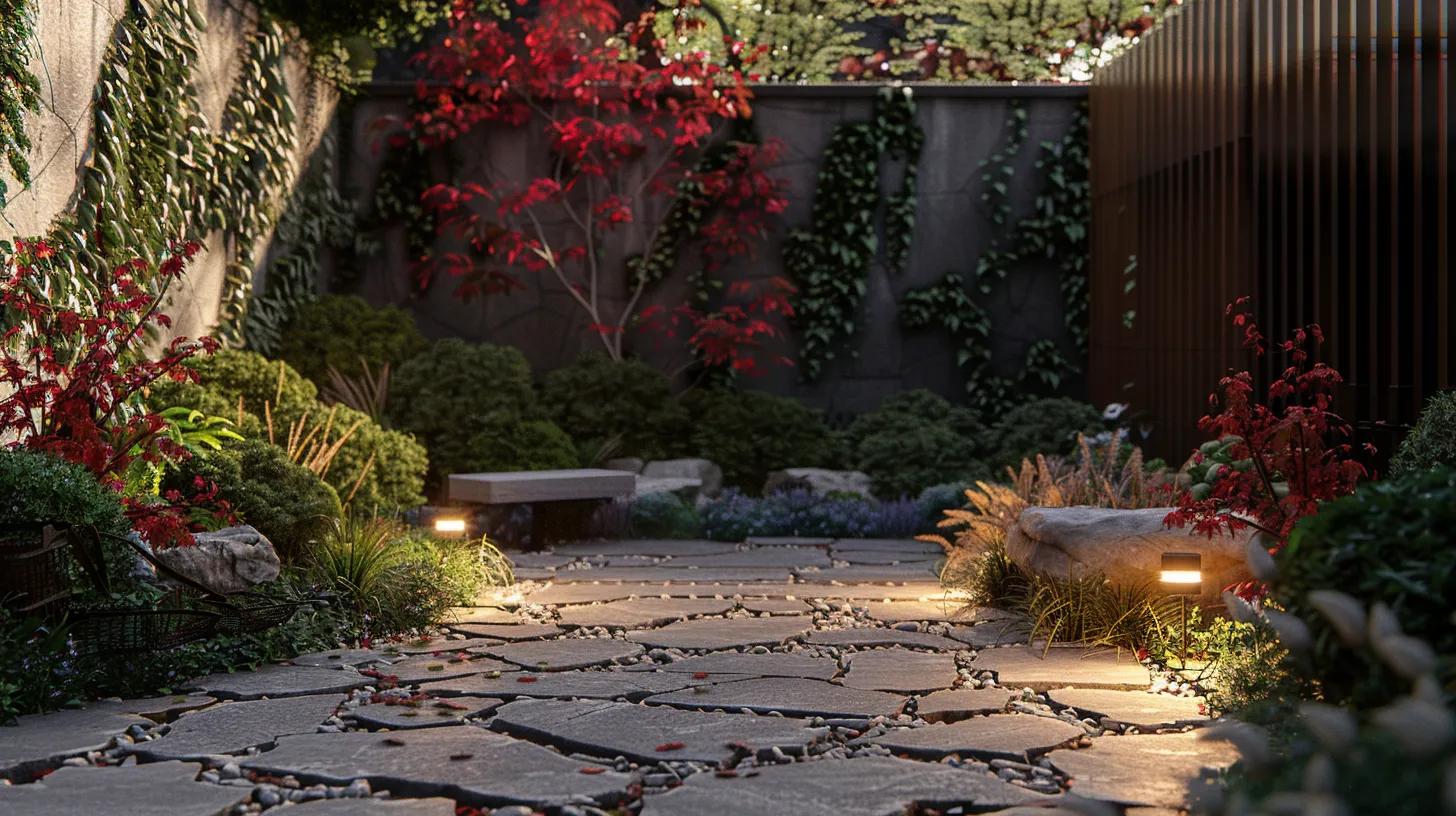 a striking urban backyard scene showcases a harmonious blend of a flagstone patio and structured corten steel edging, accentuated by burgundy foliage of plants echoing the colors of nearby japanese maples, enhanced by soft landscape lighting that casts a warm glow over the meticulously designed hardscape and softscape elements.