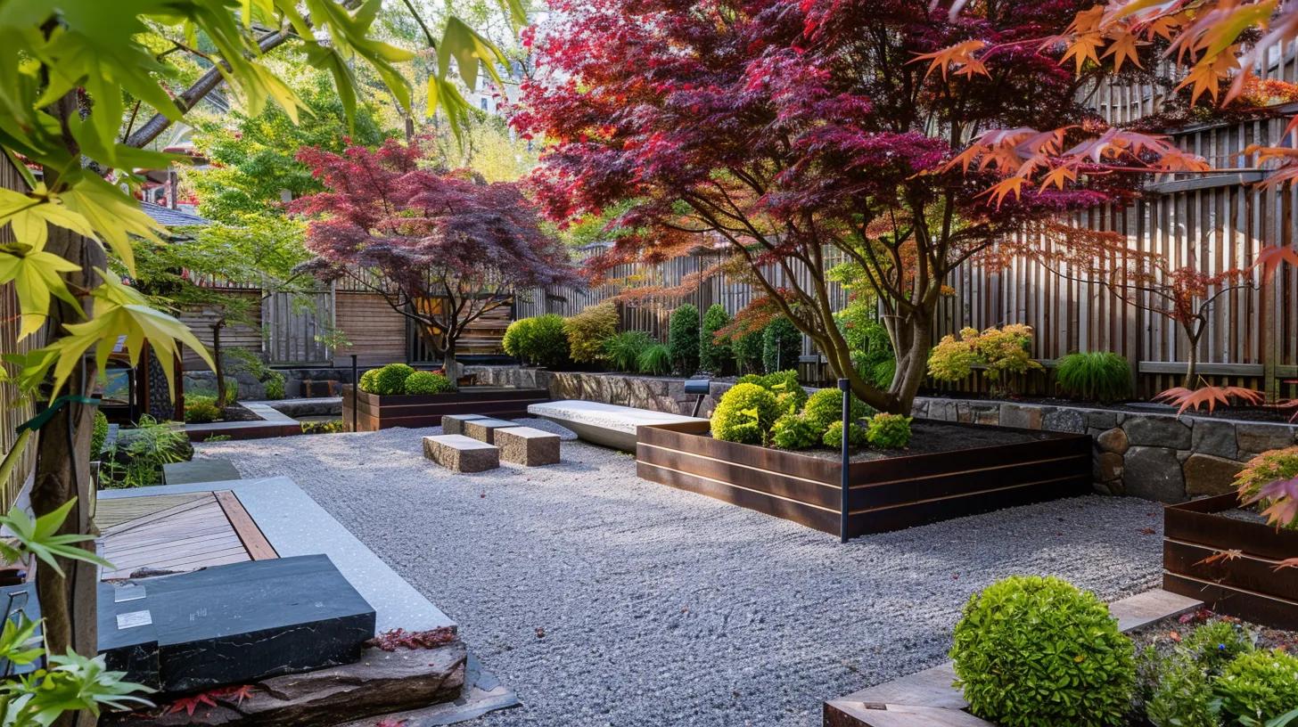 a striking urban garden features vibrant japanese maple trees in deep burgundy and bright red amidst raised stone planters, complemented by elegant gravel pathways and stylish stone seating, all under subtle shade structures that enhance the serene atmosphere of this hardscaped retreat.