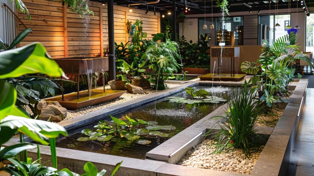 a stylish urban showroom displays an array of innovative water garden supplies, featuring sleek fountains, vibrant aquatic plants, and modern pond accessories, all designed to inspire the transformation of backyards into serene retreats.