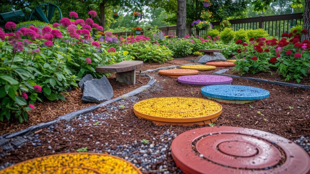 a vibrant garden scene showcases an array of colorful mulch options artfully arranged around thriving garden beds, highlighting the transformative effect of bold hues in an urban landscaping setting.