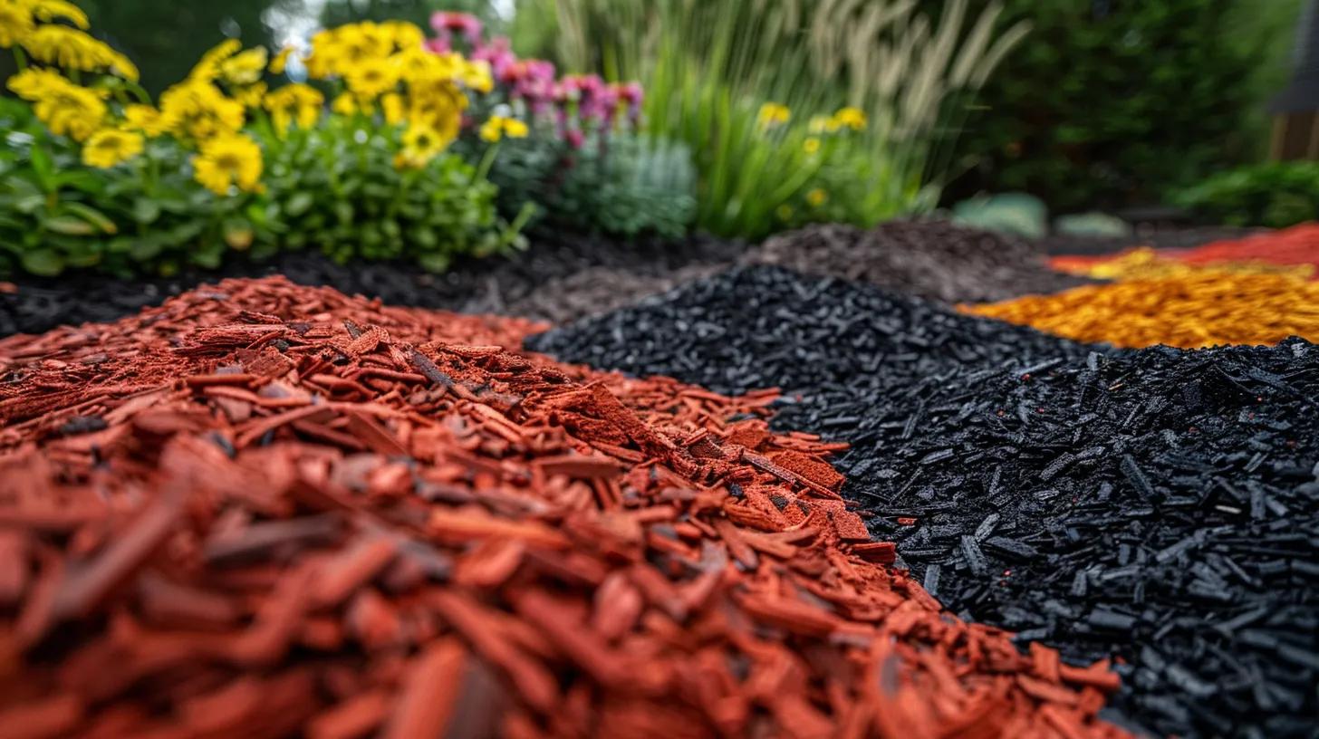 a vibrant urban garden showcases various types of colored mulch&mdash;rich red, deep brown, and bold black&mdash;strategically arranged around blooming flower beds and ornamental plants, highlighting the aesthetic appeal and practical benefits of mulch in landscape design.