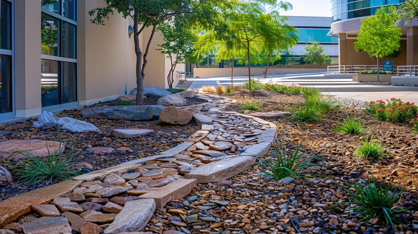 a vibrant urban landscape featuring neatly arranged decorative stone pathways interspersed with rich organic mulch beds showcases a harmonious blend of aesthetics and sustainability, highlighting their role in enhancing soil health and reducing maintenance in an engaging garden design.