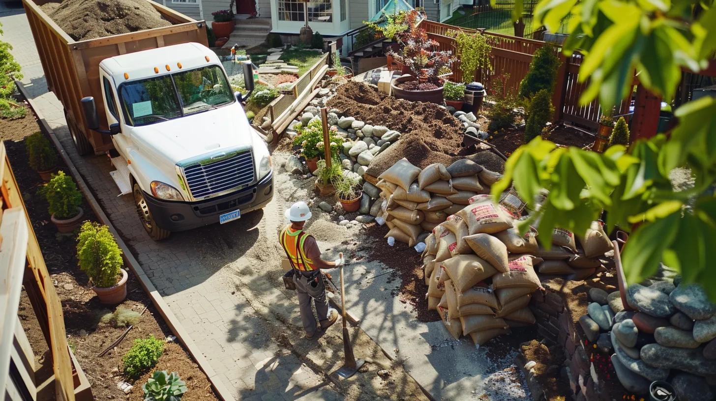 a vibrant urban landscape showcases a delivery truck unloading large bags of rich mulch and decorative stones at a well-organized garden renovation site, emphasizing efficiency and transformation in home landscaping projects.