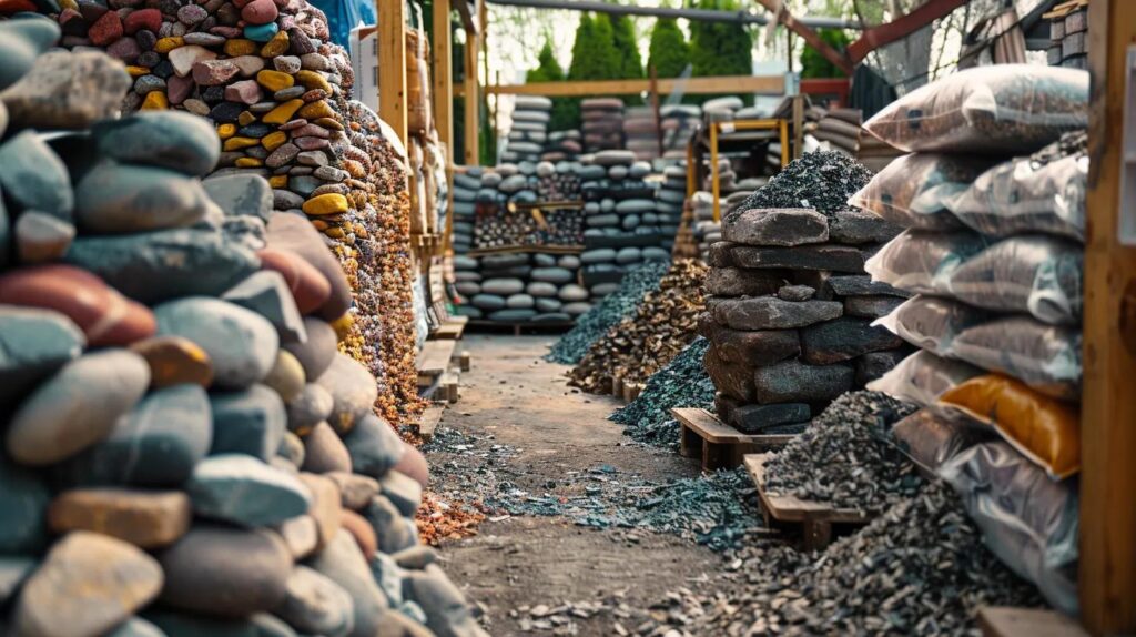 a visually engaging scene featuring a modern urban landscape supply yard, showcasing a neatly arranged selection of vibrant decorative stones and piles of rich, dark mulch, emphasizing efficiency and creativity in landscaping projects.