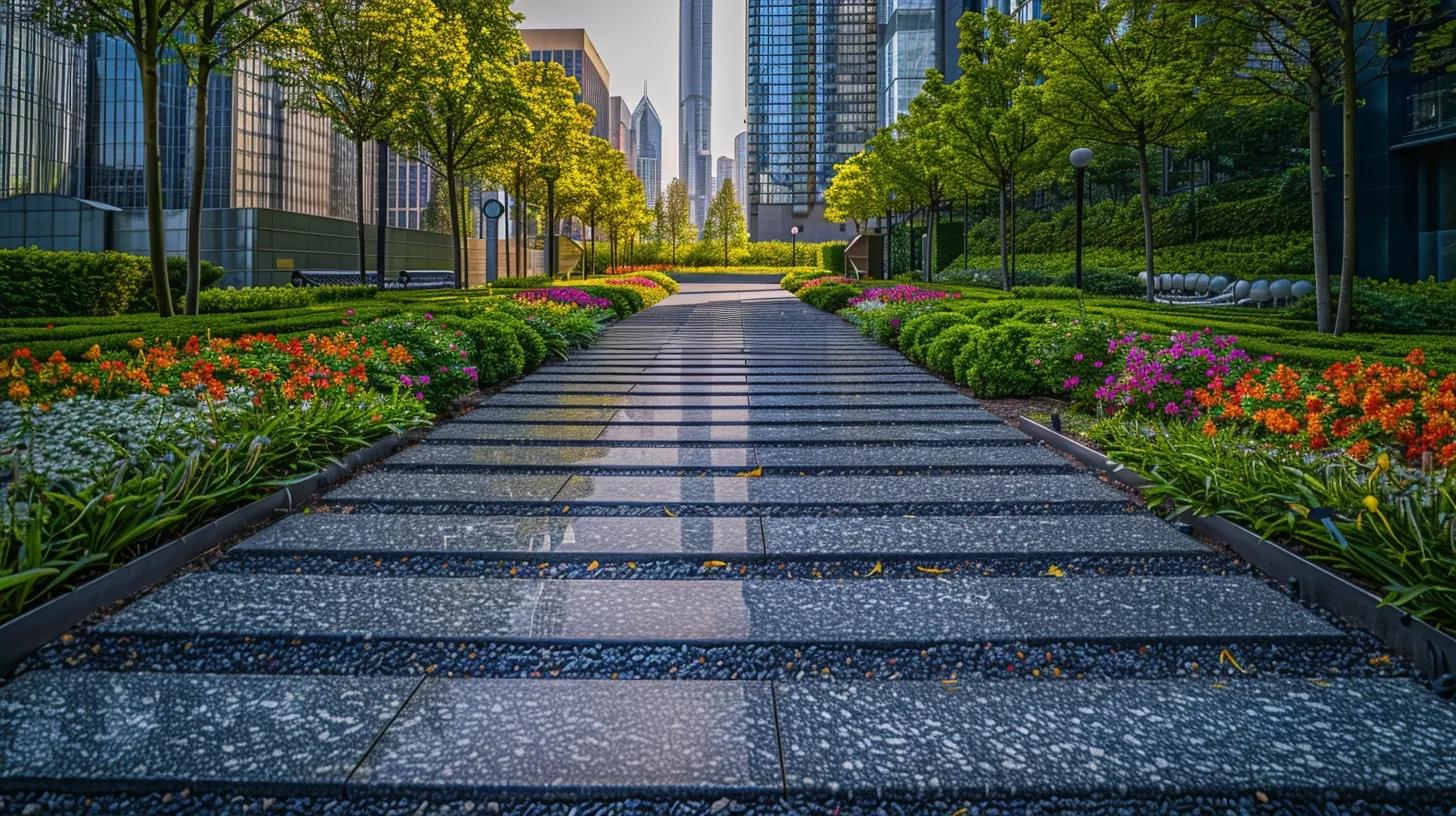 a visually striking landscaped garden showcases meticulously layered decorative stone pathways and rich organic mulch around vibrant perennials, with a clean, modern edge defined by smooth marble chips, all set against a sleek urban backdrop.