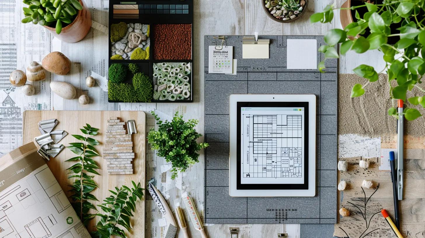 an organized urban landscape design workspace features a digital tablet displaying a landscape design app beside neatly arranged cubic yard calculators and scheduling charts, with a backdrop of a sophisticated material storage area stocked with eco-friendly options like rubber mulch and stones, highlighting the seamless integration of planning and execution in landscaping projects.